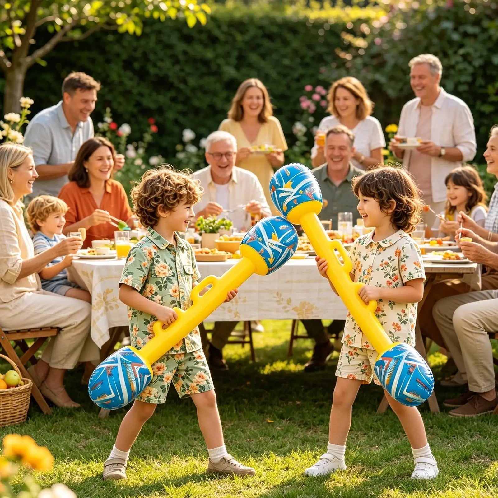 Inflatable Gladiator Baton Set — two children playing at an outdoor family gathering
