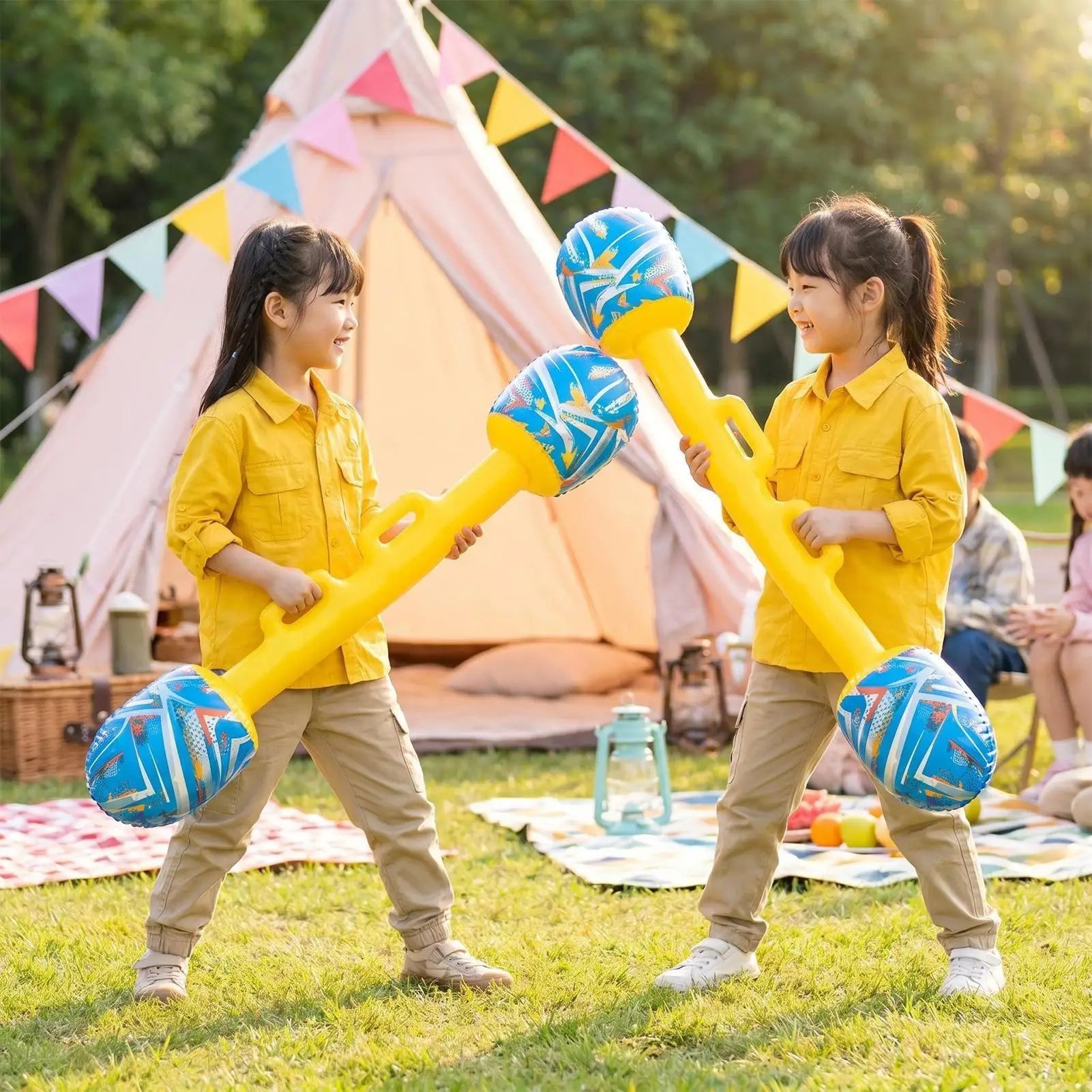 Inflatable Gladiator Baton Set — two children holding batons beside a party tent