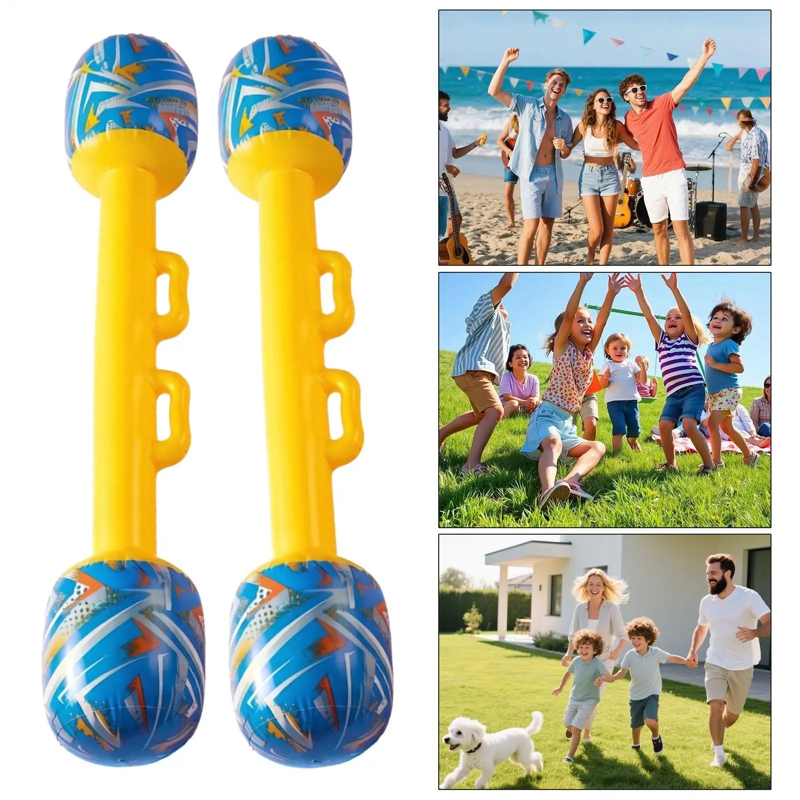 Inflatable Gladiator Baton Set — product pair beside outdoor party and family scenes