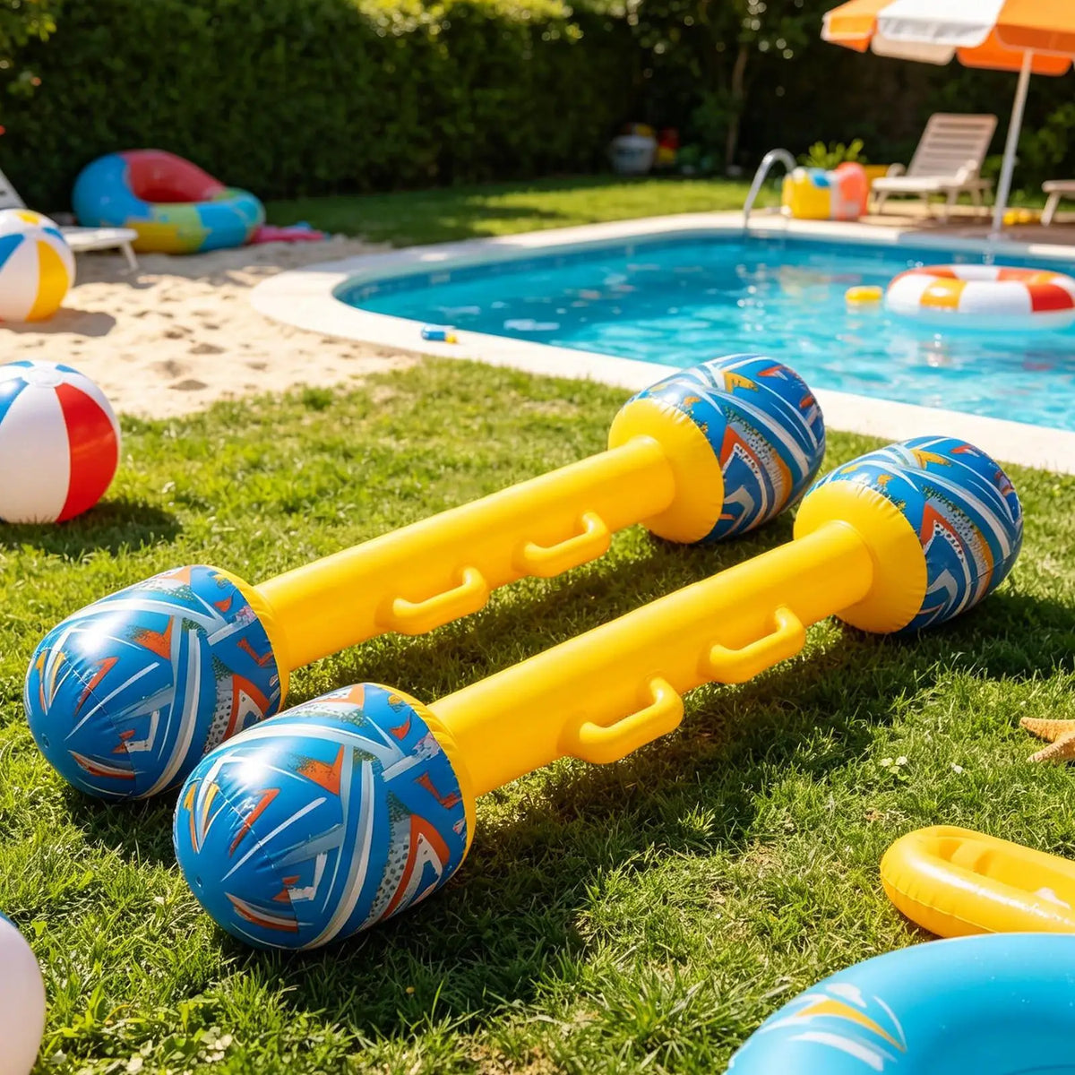 Inflatable Gladiator Baton Set — pair resting on grass beside a swimming pool