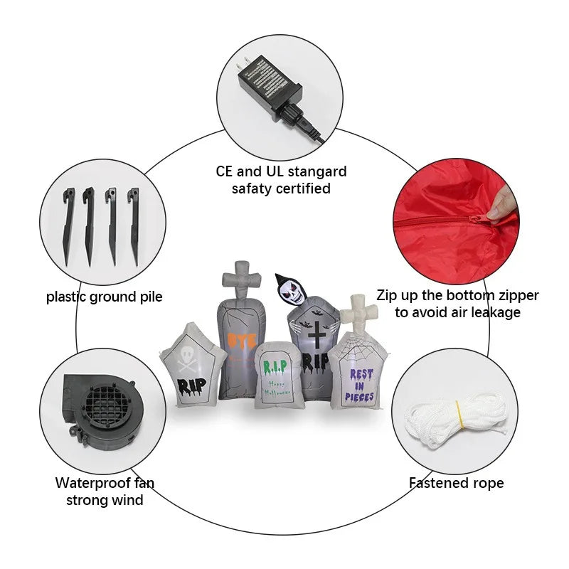 Inflatable Graveyard Set feature diagram showing the blower, adapter, ground stakes, rope, and zipper