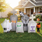 Inflatable Graveyard Set on a daytime lawn beside children wearing ghost and pumpkin costumes