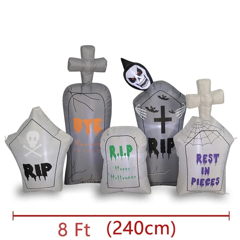 Inflatable Graveyard Set with five tombstones and a grim reaper, showing the full 8 ft / 240 cm width