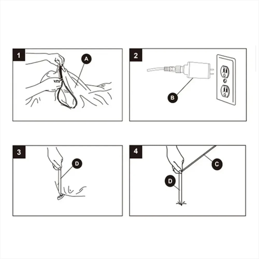 Inflatable Graveyard Set installation guide showing zipper closure, power connection, stakes, and ropes