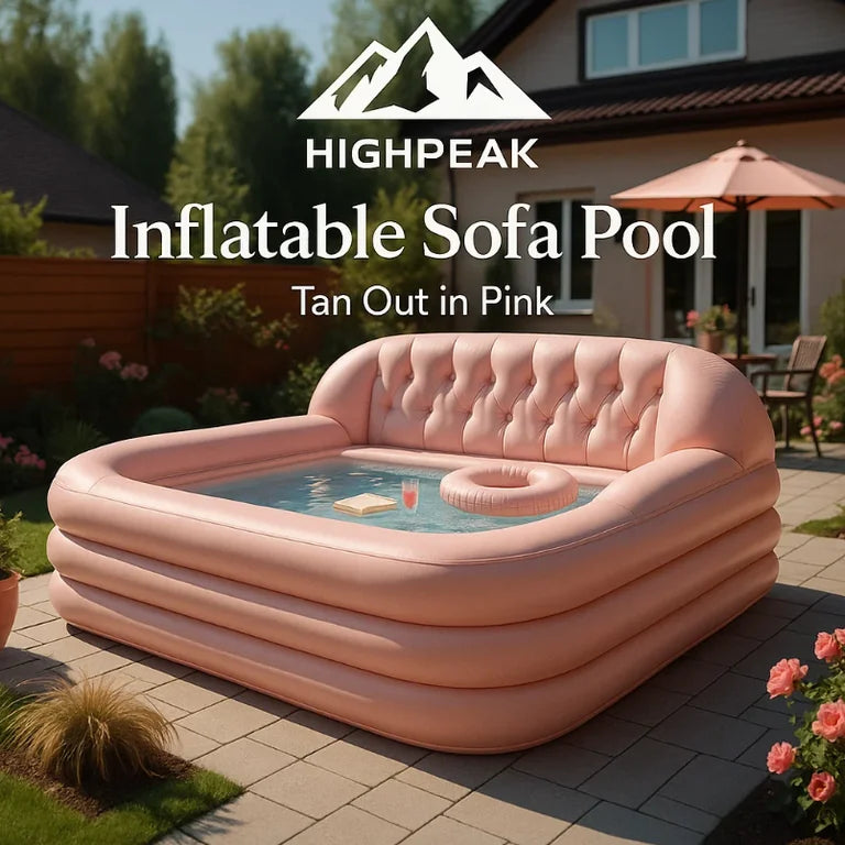 HighPeak Inflatable Sofa Pool in pink with plush seating and built-in pool, set up on a backyard patio for summer lounging.