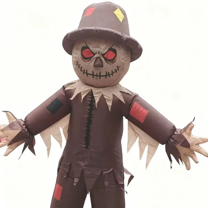 Inflatable Scarecrow Costume with outstretched arms, beige pointed trim, and red and black patch accents.
