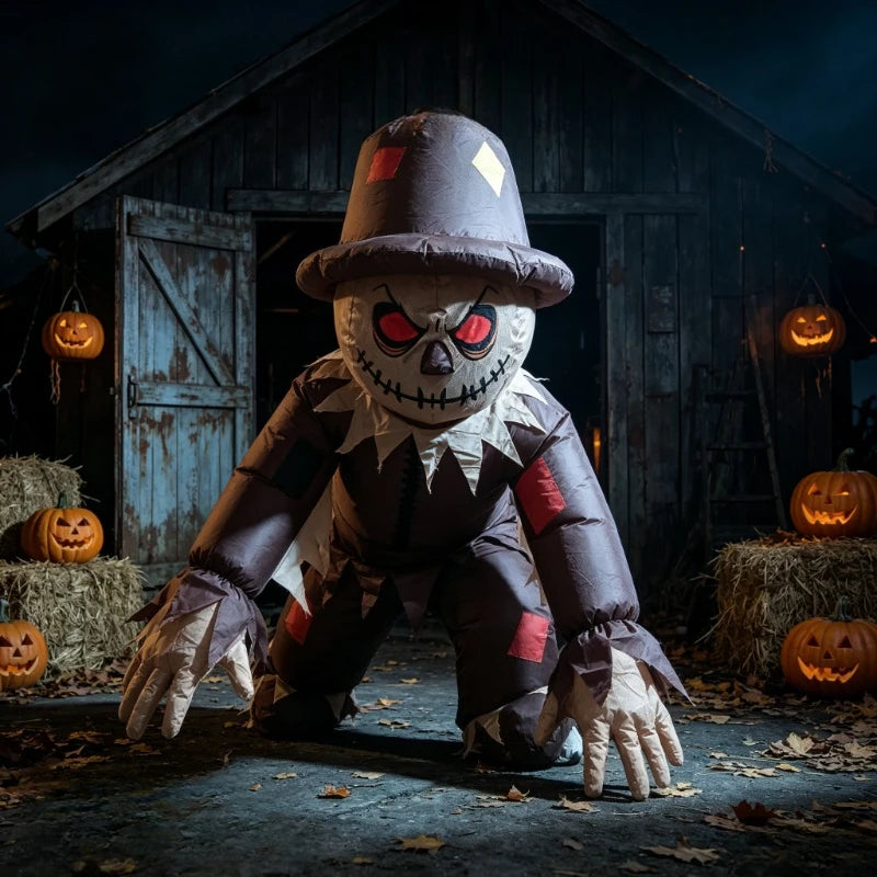 Inflatable Scarecrow Costume posed low to the ground, with long hands spread in front of a rustic barn.