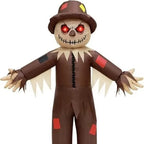 Inflatable Scarecrow Costume front view with arms spread, a patchwork hat, and red eye graphics.