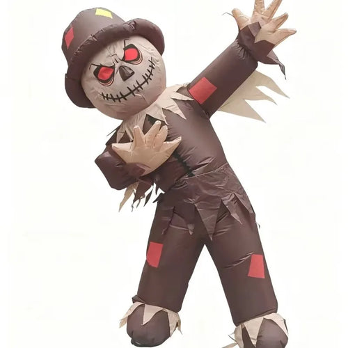 Inflatable Scarecrow Costume in a leaning, raised-arm pose with a patched hat and stitched-smile face.