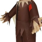 Inflatable Scarecrow Costume torso detail showing patch accents, pointed cuffs, and oversized beige hands.