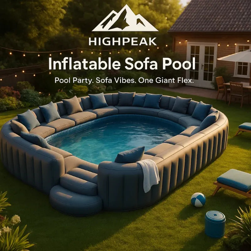 HighPeak Inflatable Sofa Pool in gray with plush seating for 10+ guests set up in a backyard at sunset