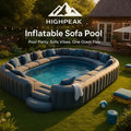 HighPeak Inflatable Sofa Pool in gray with plush seating for 10+ guests set up in a backyard at sunset