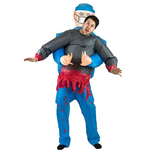 Inflatable Surgeon Carry Me Costume: front view with a man leaning sideways and arms spread.
