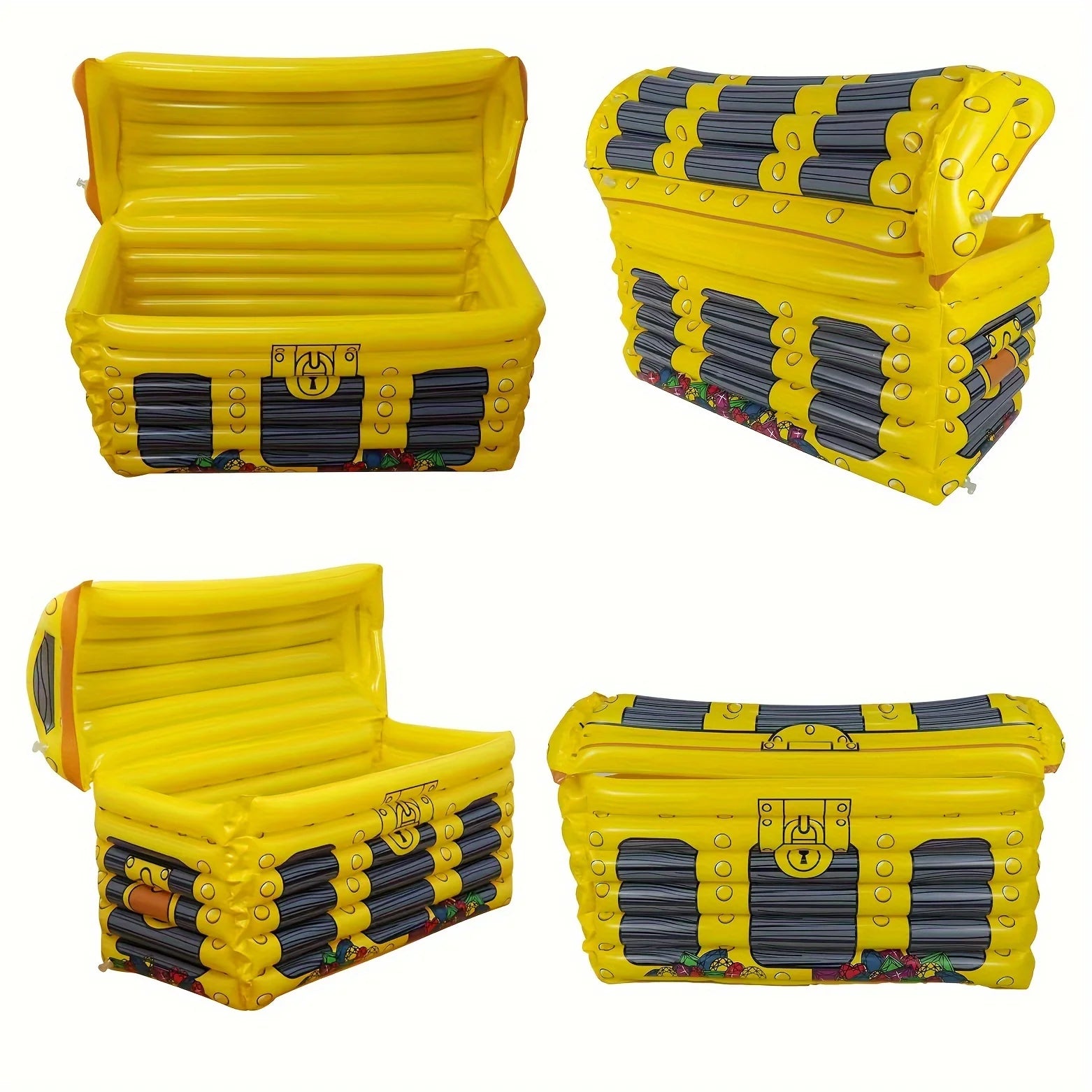 Inflatable Treasure Chest Cooler shown from multiple open and closed product angles