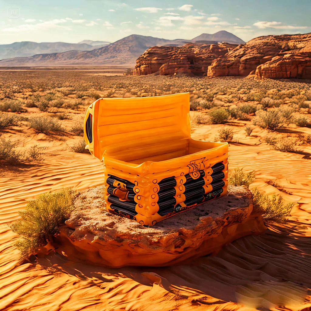 Inflatable Treasure Chest Cooler open in a bright outdoor desert-style display setting