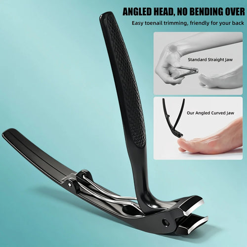 Ingrown Toenail Clippers in black with an angled-jaw comparison and toenail trimming insets.