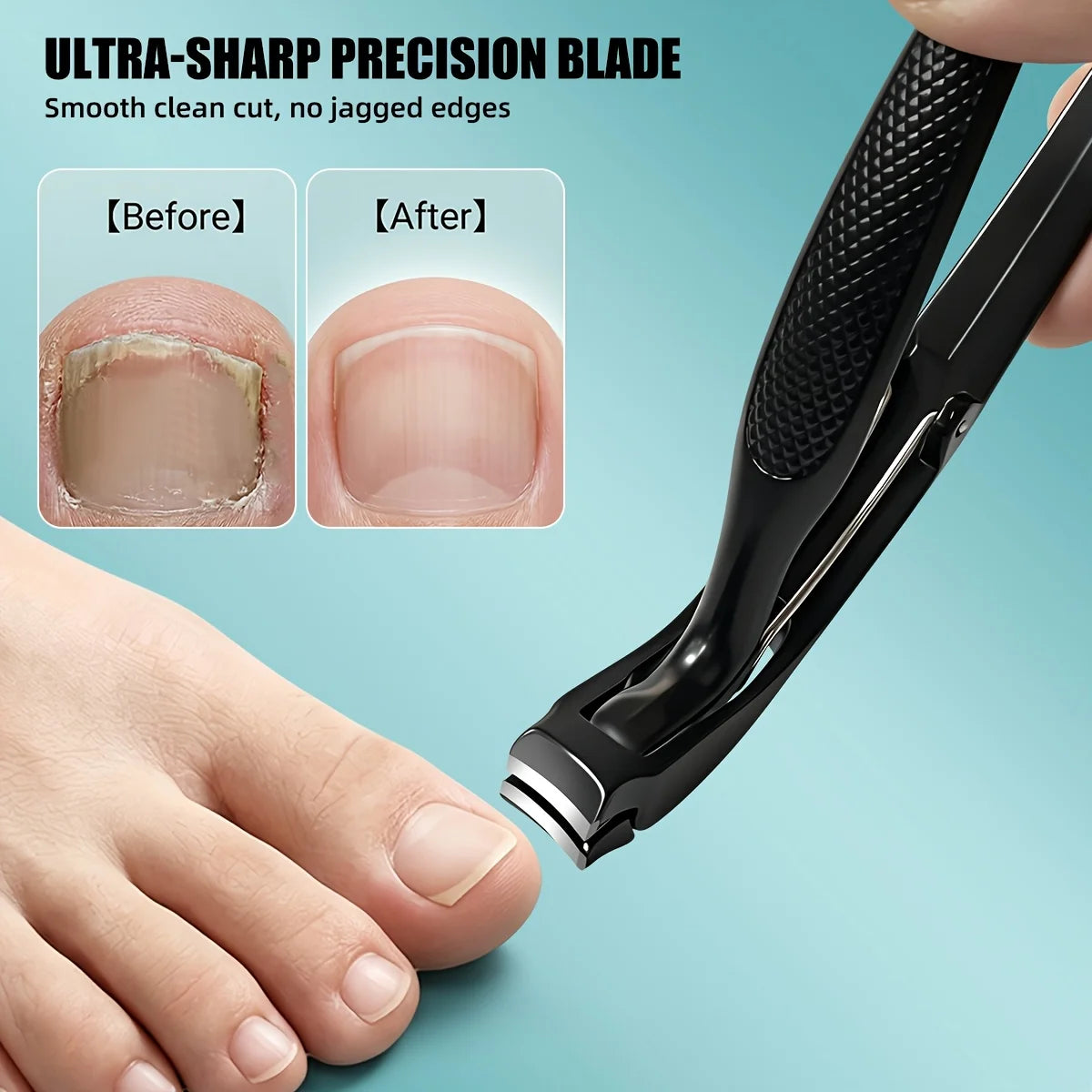 Ingrown Toenail Clippers positioned beside a big toenail with a supplier nail-trimming comparison.