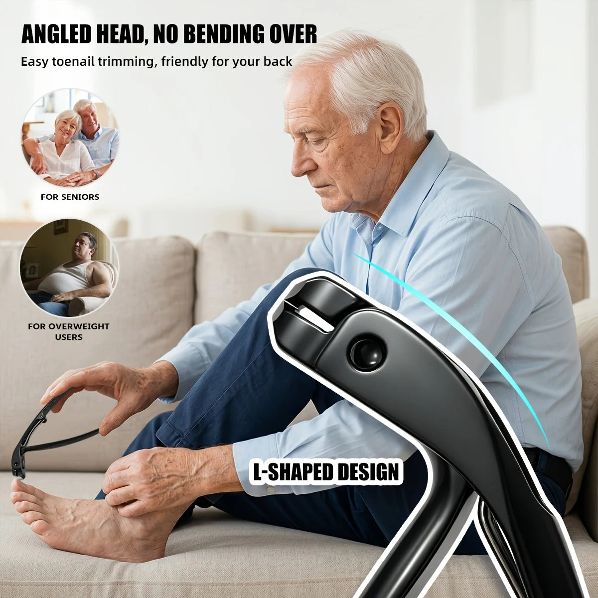 Ingrown Toenail Clippers shown with a seated older adult and a close-up of the angled head.
