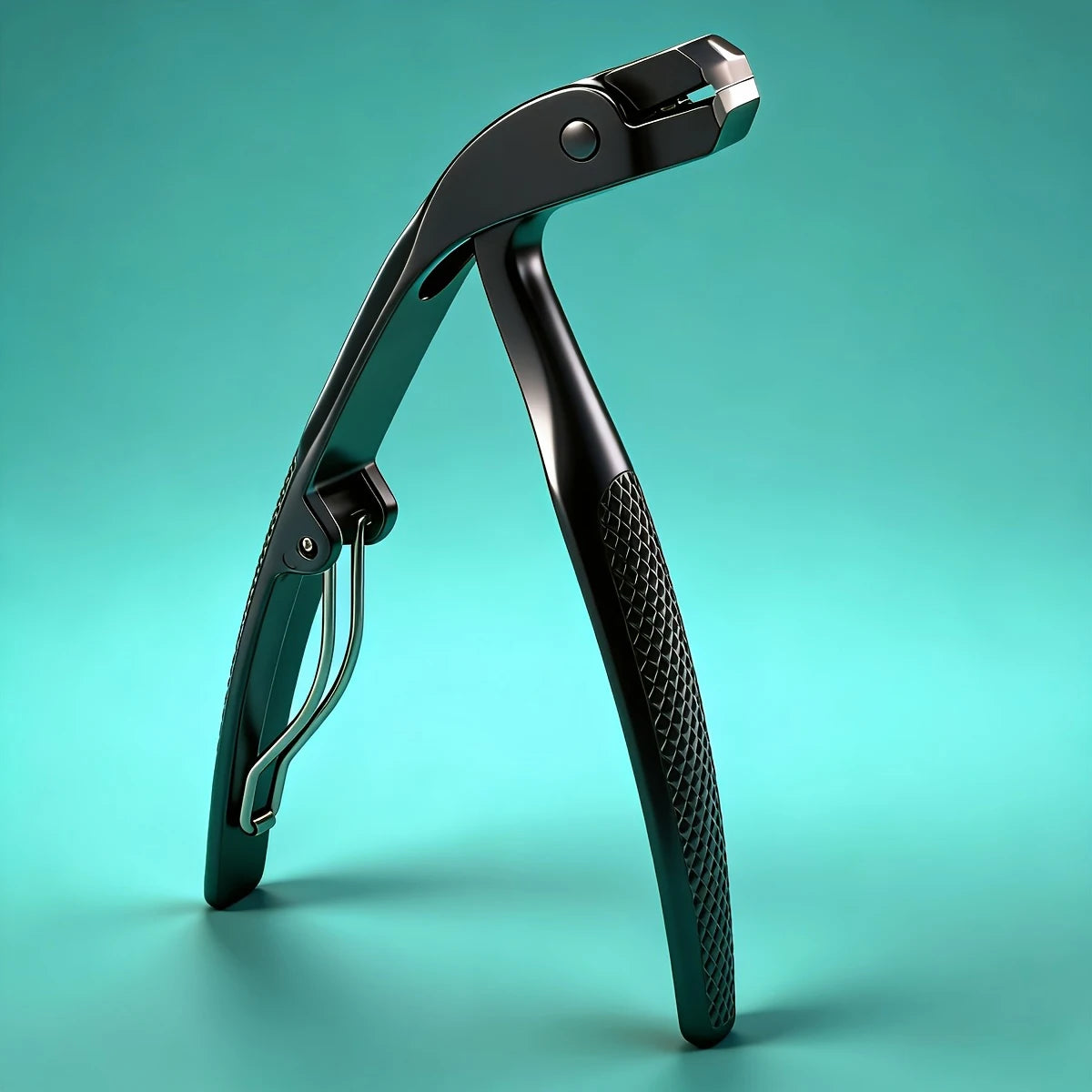 Ingrown Toenail Clippers standing open on a turquoise surface, showing textured handles and metal spring.