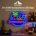 HighPeak It’s 5:00 Somewhere LED Sign with colorful neon cocktail and palm tree design in a stylish home bar setting