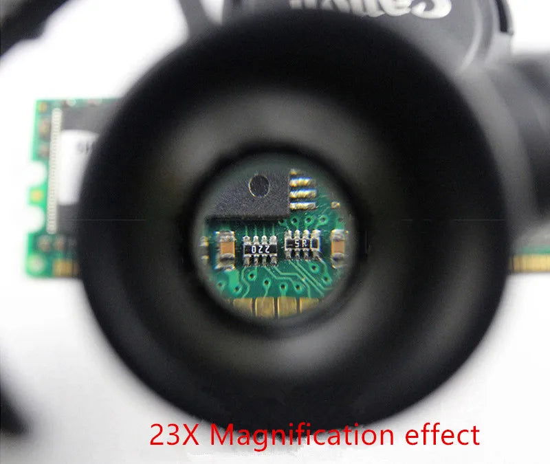 Jeweler Magnifying Glasses demonstrating the tighter 23X magnification view over a circuit board