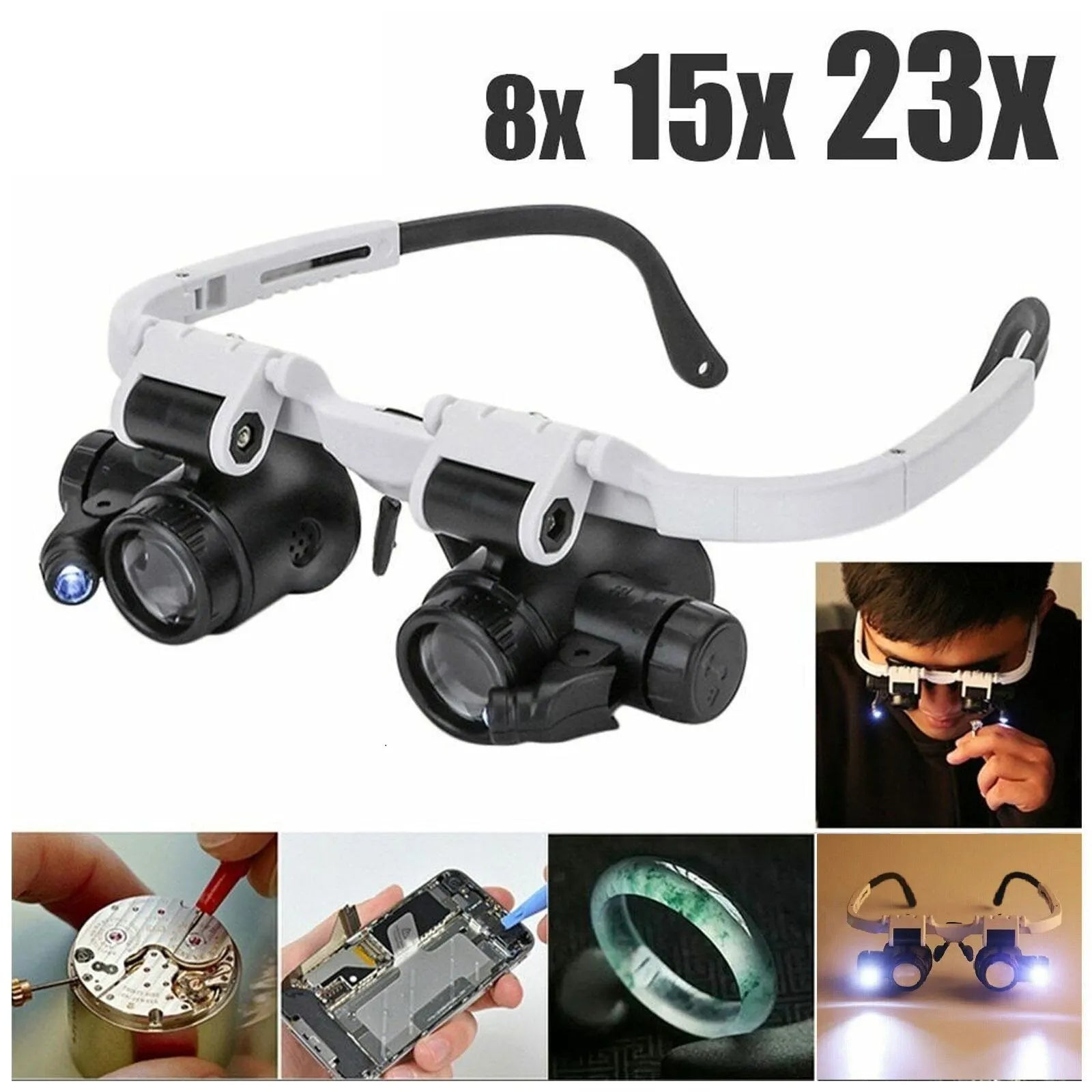 Jeweler Magnifying Glasses in black and white with 8X, 15X, and 23X labels and repair examples