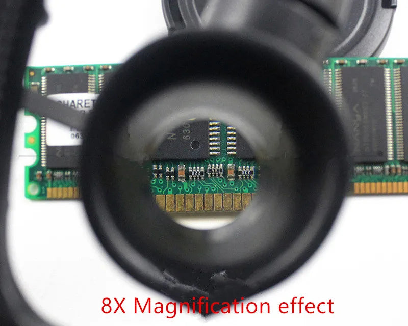 Jeweler Magnifying Glasses demonstrating the 8X magnification view over a small circuit board