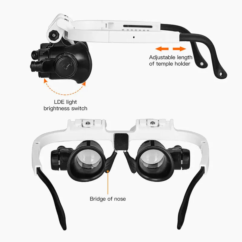 Jeweler Magnifying Glasses side and front views showing temple adjustment, light control, and nose bridge