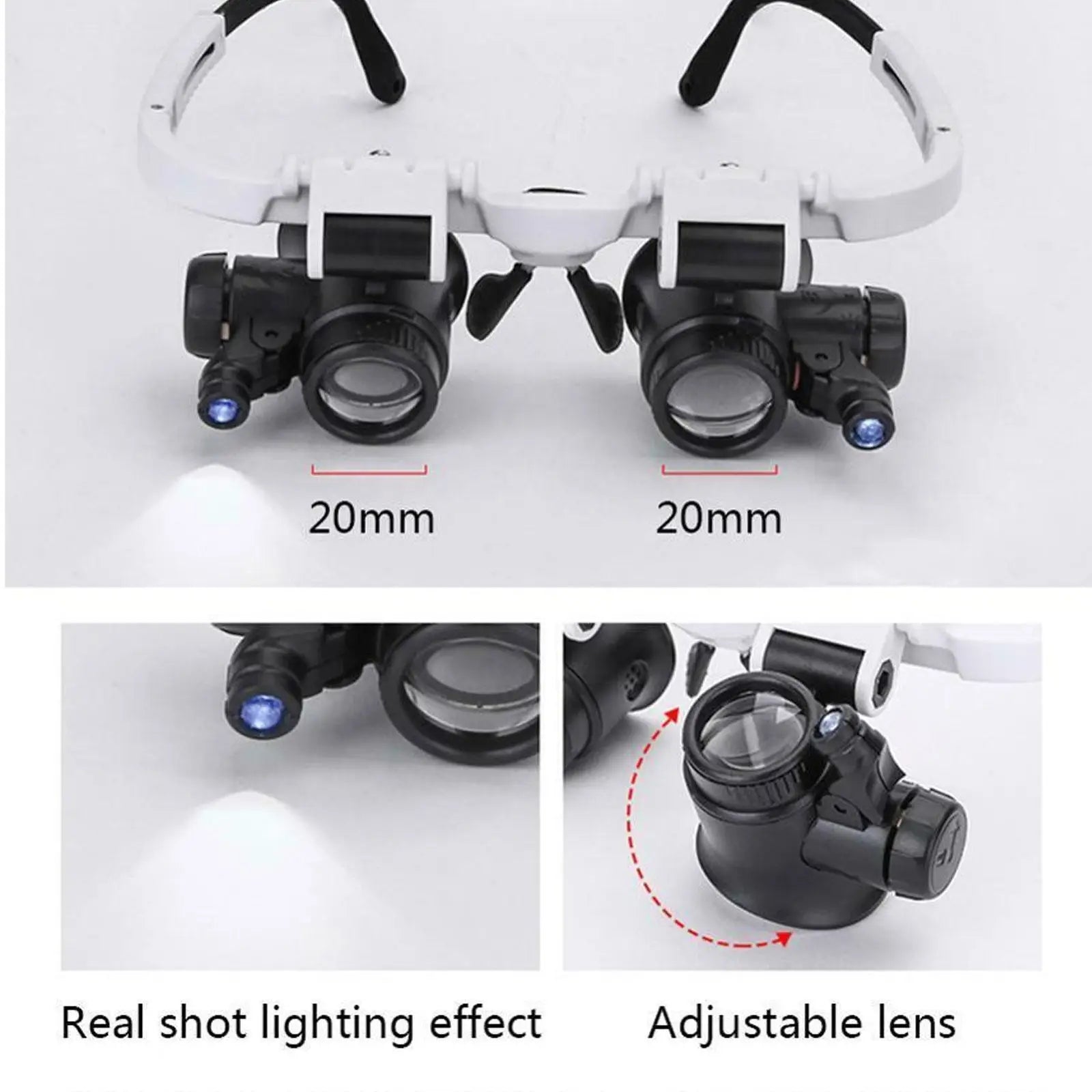 Jeweler Magnifying Glasses front view showing two 20mm lenses, LED lighting, and adjustable lens angles