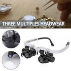 Jeweler Magnifying Glasses with adjustable lens rings and a close-up of the focused LED illumination
