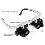 Jeweler Magnifying Glasses diagram labeling the adjustable temples, brackets, lenses, LEDs, and battery switch