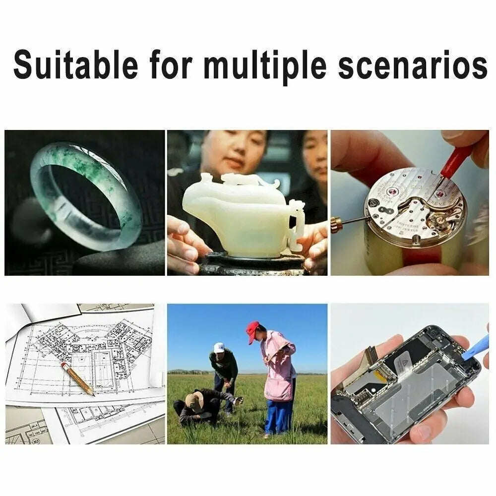 Jeweler Magnifying Glasses use examples for jewelry, ceramic work, watches, plans, fieldwork, and phones