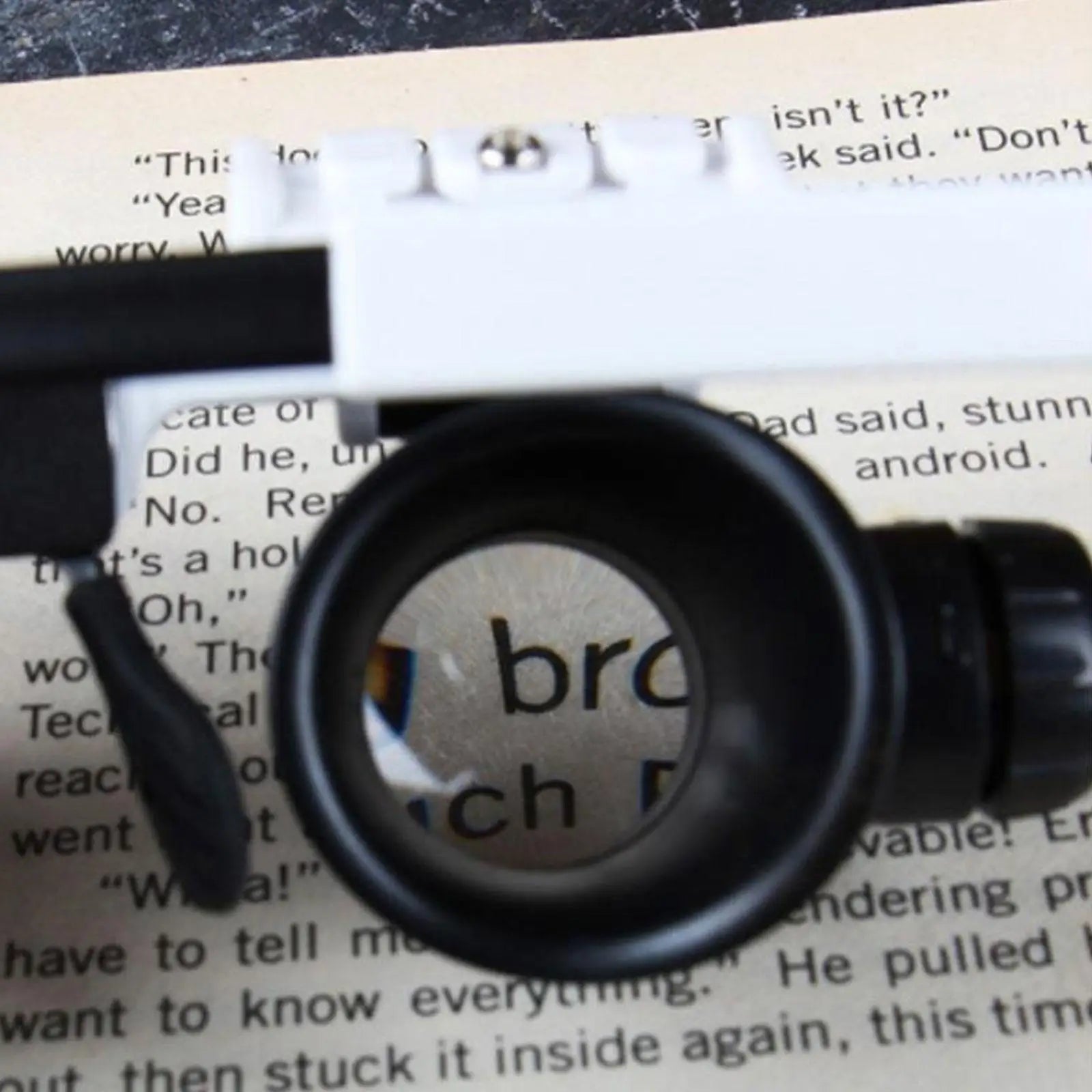 Jeweler Magnifying Glasses lens enlarging printed text to demonstrate close-up reading detail