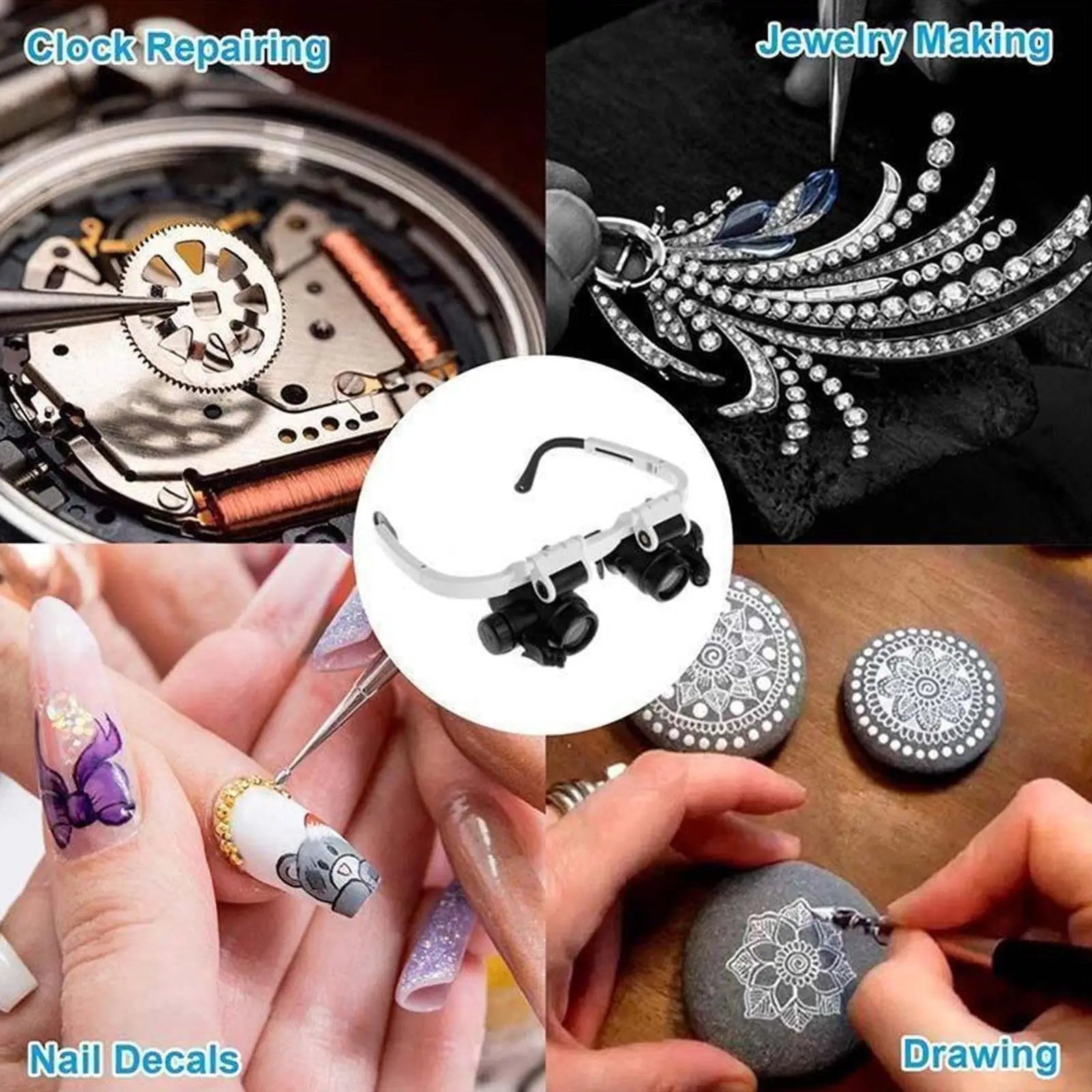Jeweler Magnifying Glasses use collage for clock repair, jewelry making, nail art, and detailed drawing