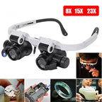 Jeweler Magnifying Glasses black and white frame shown with four precision inspection examples