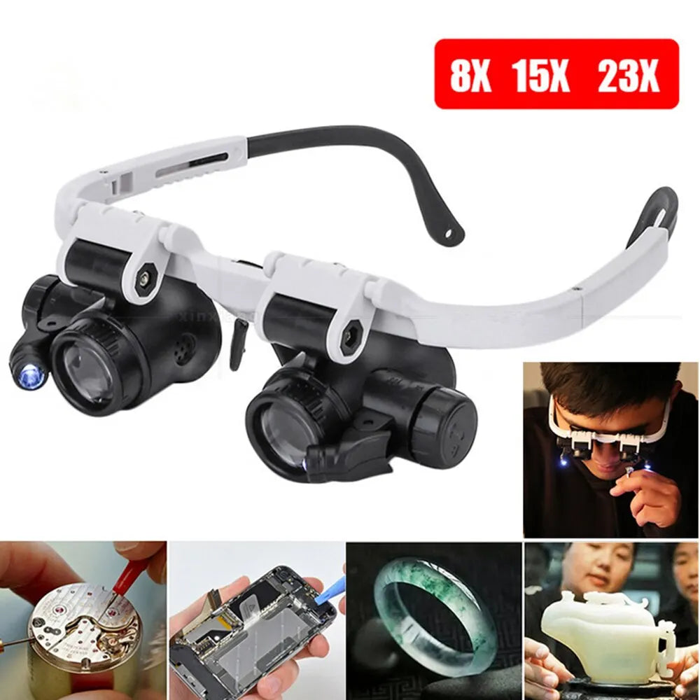 Jeweler Magnifying Glasses black and white frame shown with four precision inspection examples