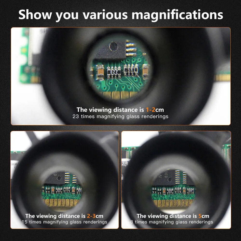 Jeweler Magnifying Glasses guide comparing viewing distances for 8X, 15X, and 23X magnification