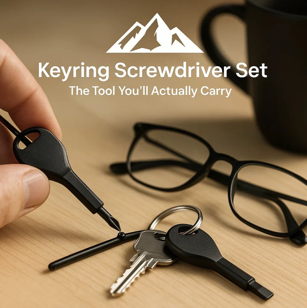 HighPeak Keyring Screwdriver Set in black steel with flat and Phillips heads clipped to keys on a wooden table.