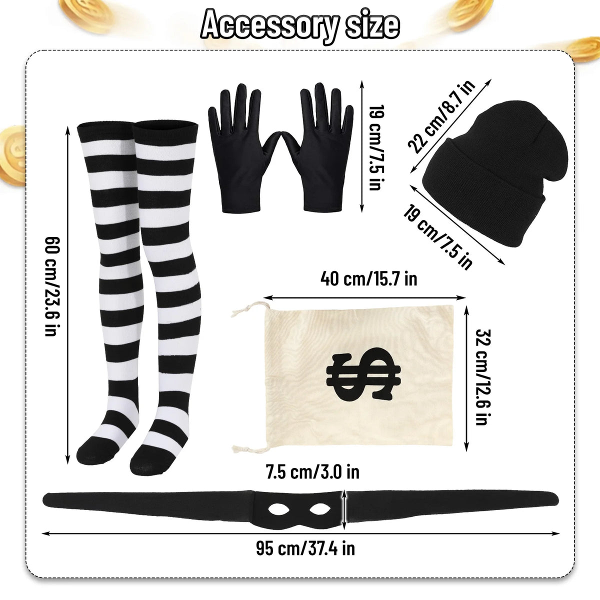 Burglar costume accessory chart showing measurements for striped socks, gloves, hat, money bag and eye mask.