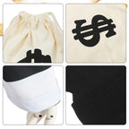Close-up collage of the burglar costume money bag, dollar-sign print, striped sleeve and black hat fabric.
