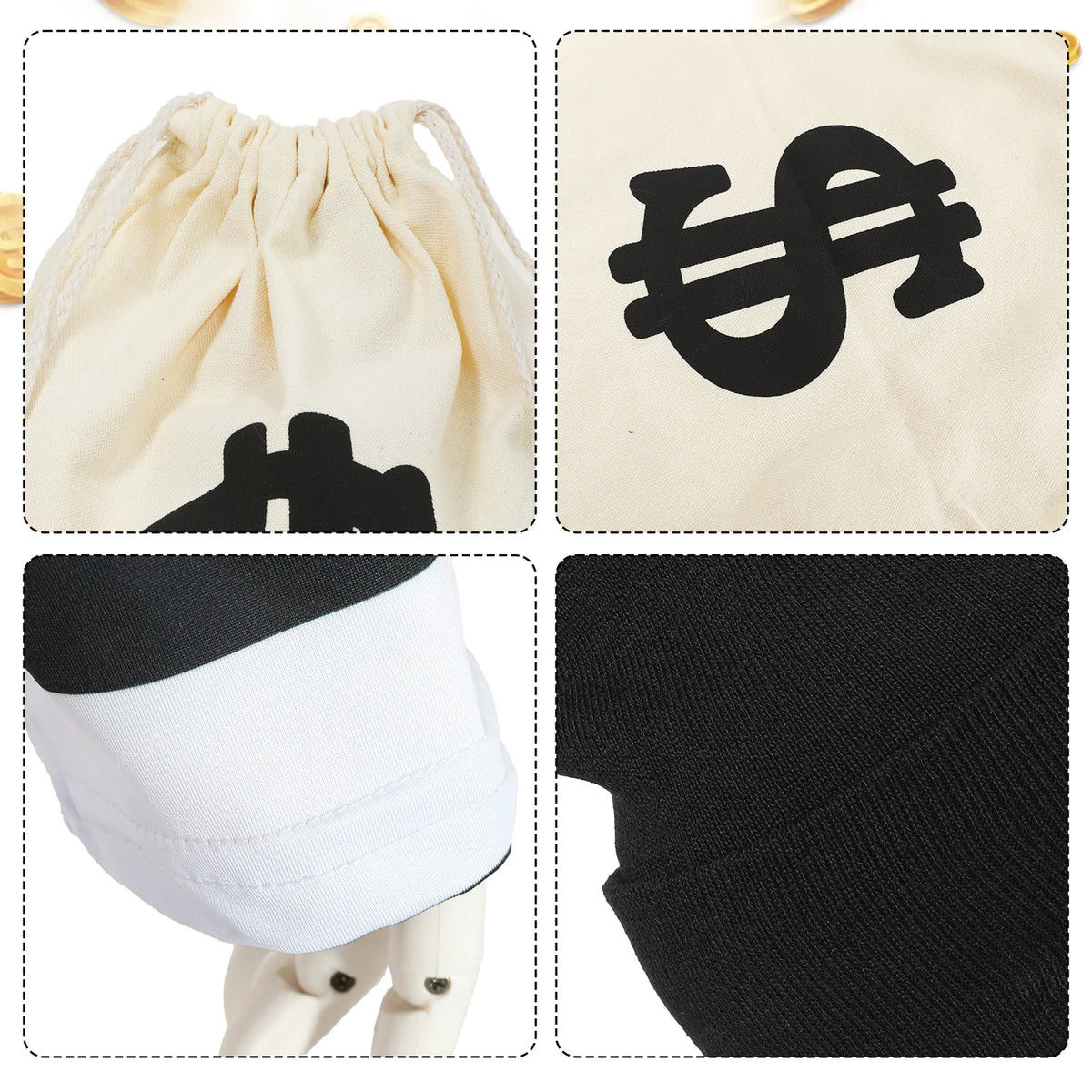 Close-up collage of the burglar costume money bag, dollar-sign print, striped sleeve and black hat fabric.