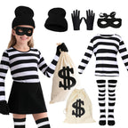 Kids Burglar Costume Set shown on a child beside a striped top, hat, eye mask, gloves, socks and money bag.