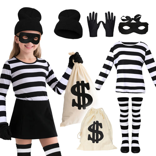 Kids Burglar Costume Set shown on a child beside a striped top, hat, eye mask, gloves, socks and money bag.