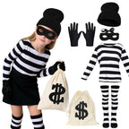 Kids burglar outfit display showing a child holding a money bag alongside the striped top and matching accessories.