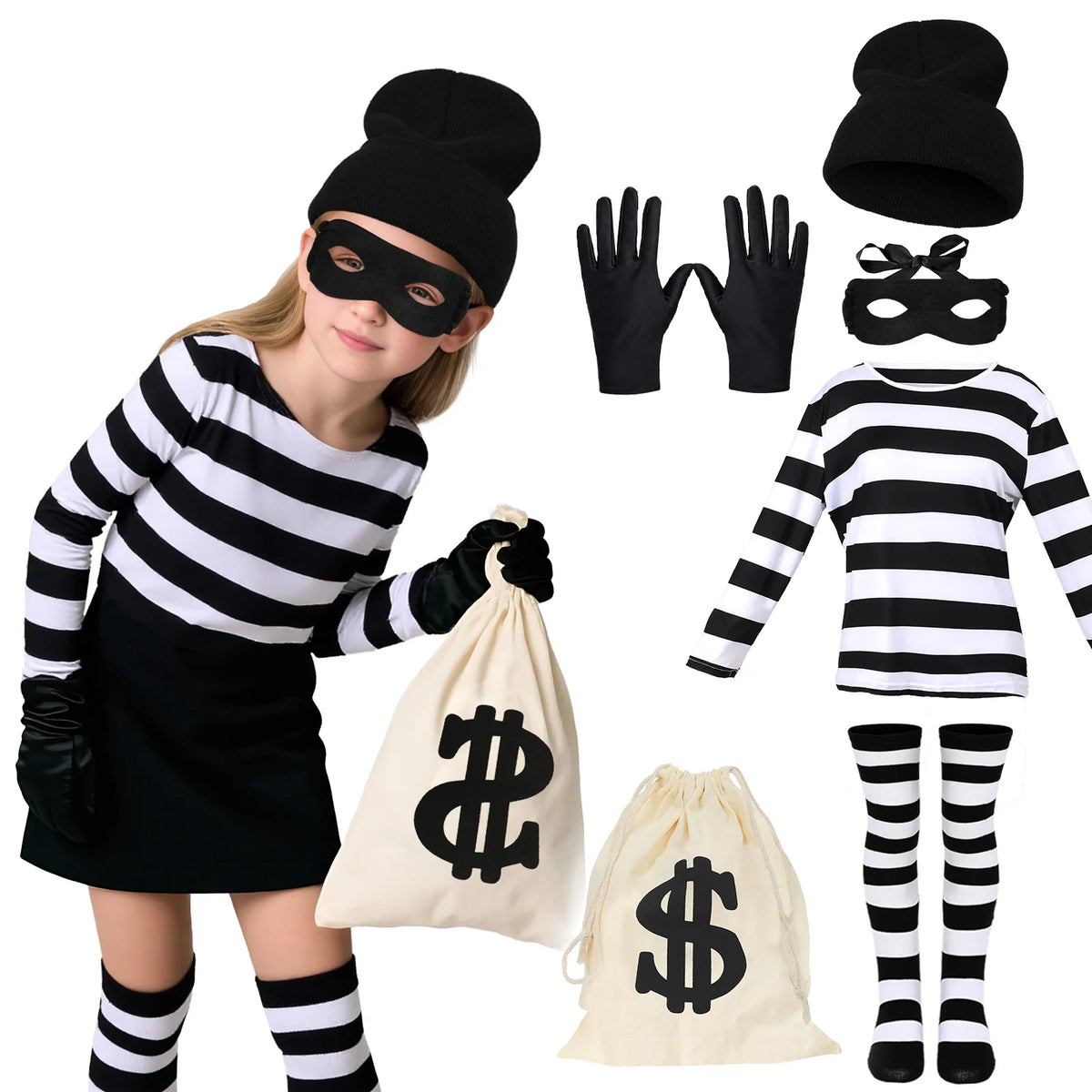 Kids burglar outfit display showing a child holding a money bag alongside the striped top and matching accessories.