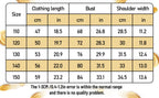 Kids Burglar Costume Set top size chart for 110 to 150, showing length, chest and shoulder measurements.