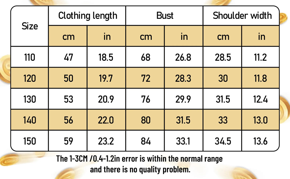 Kids Burglar Costume Set top size chart for 110 to 150, showing length, chest and shoulder measurements.