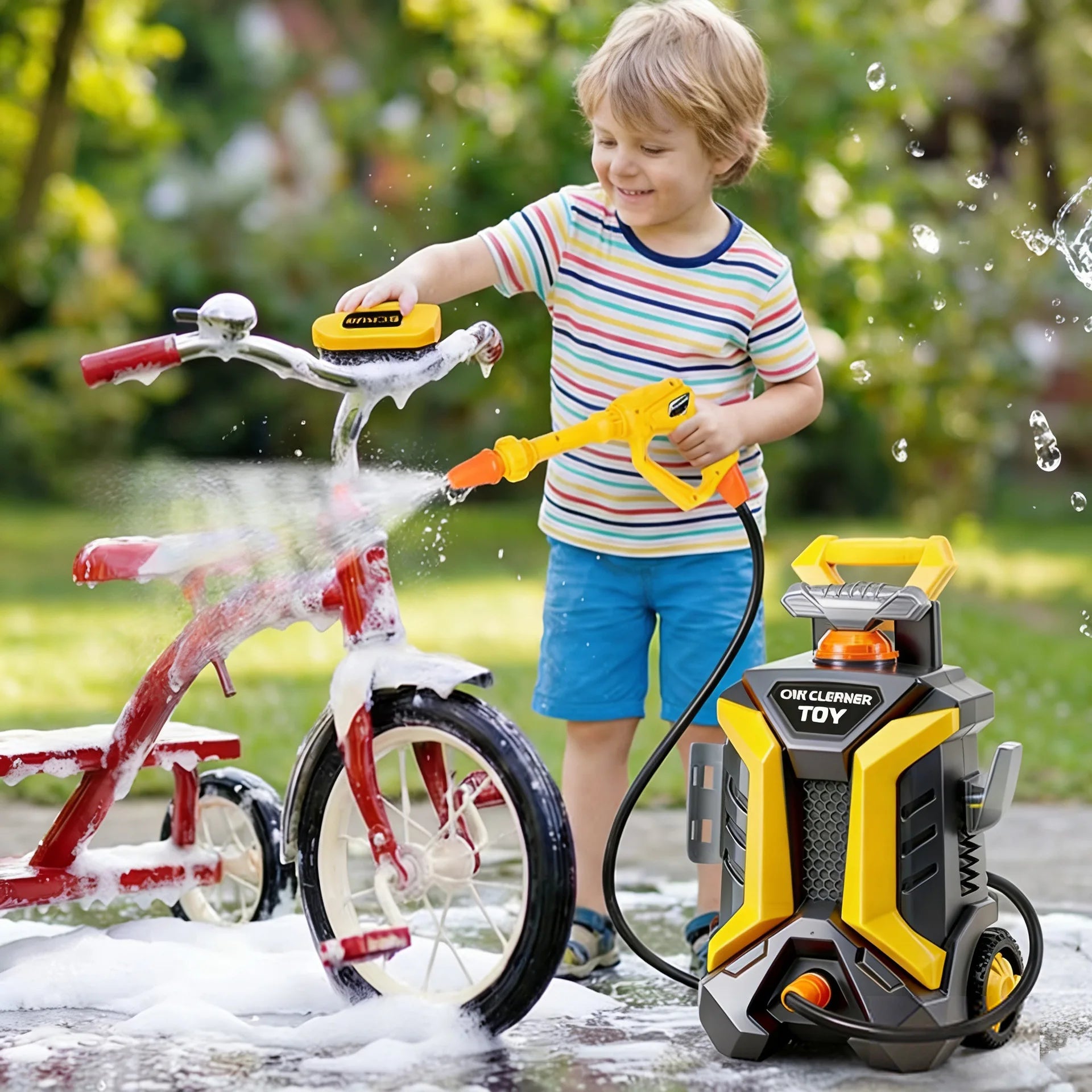 Boy spraying a red bicycle with the Kids Car Wash Set beside him