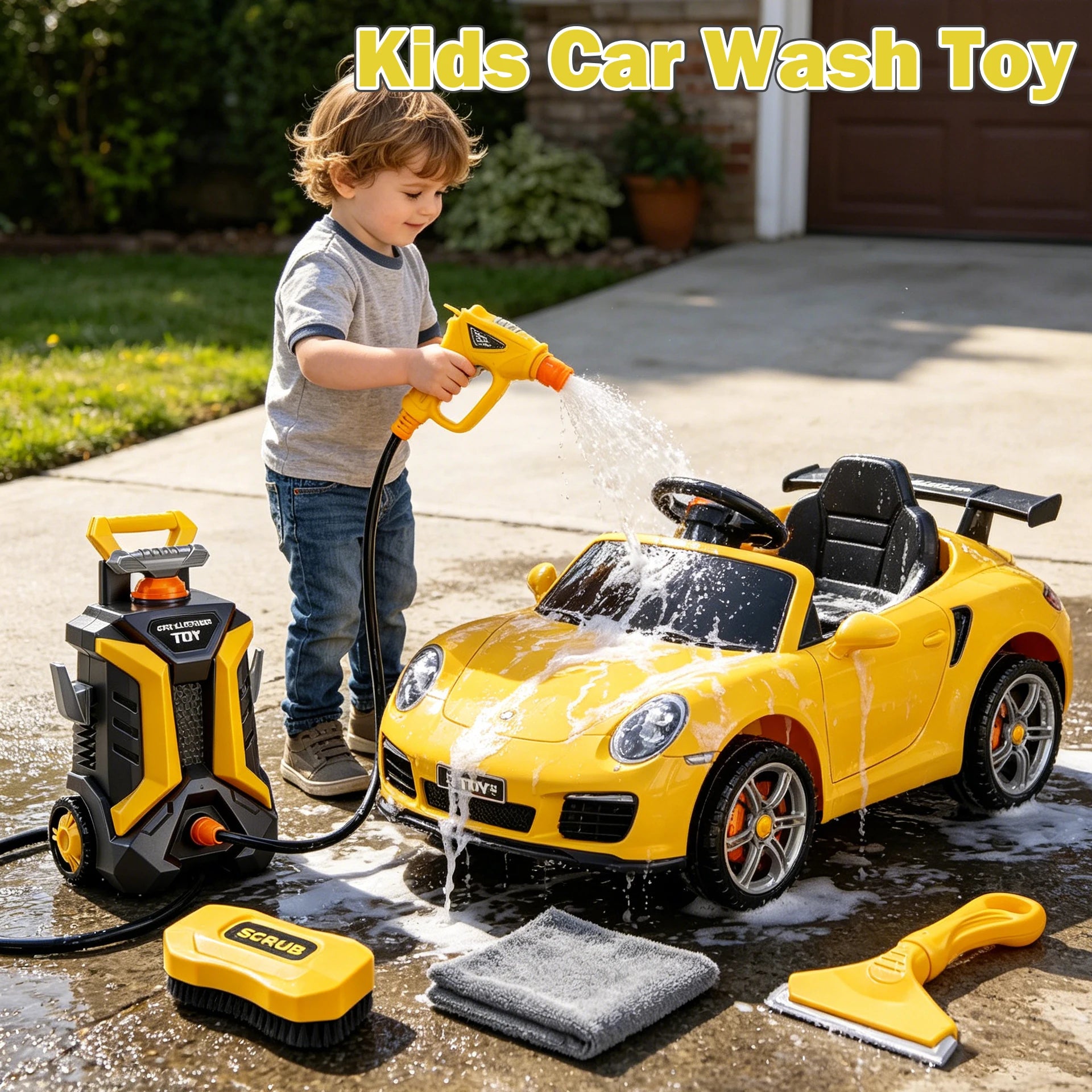 Kids Car Wash Set beside a boy spraying a yellow ride-on toy car in a driveway