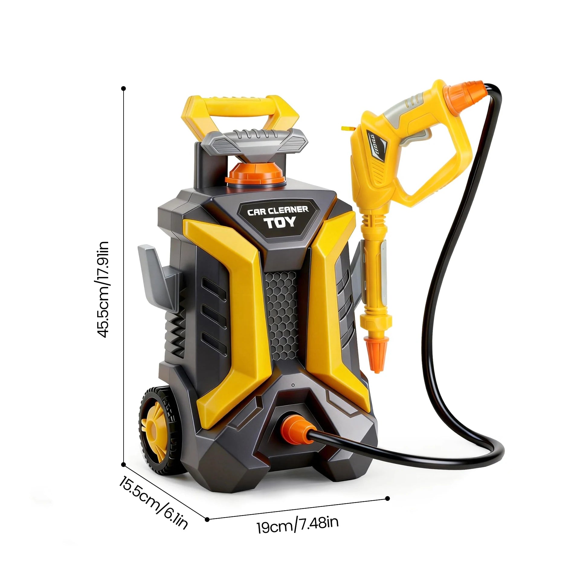 Kids Car Wash Set dimensions diagram showing 45.5 cm height, 19 cm width and 15.5 cm depth